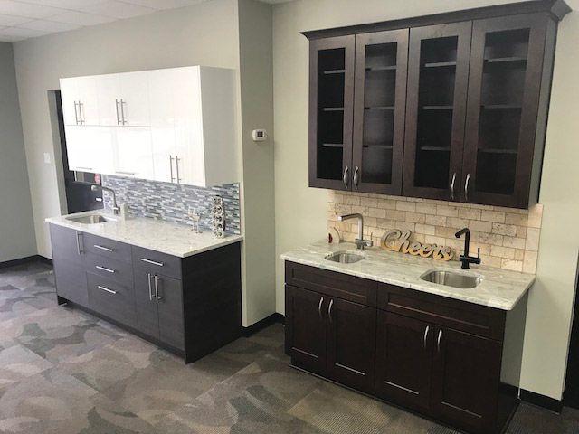 Kitchen cabinet display with granite countertops